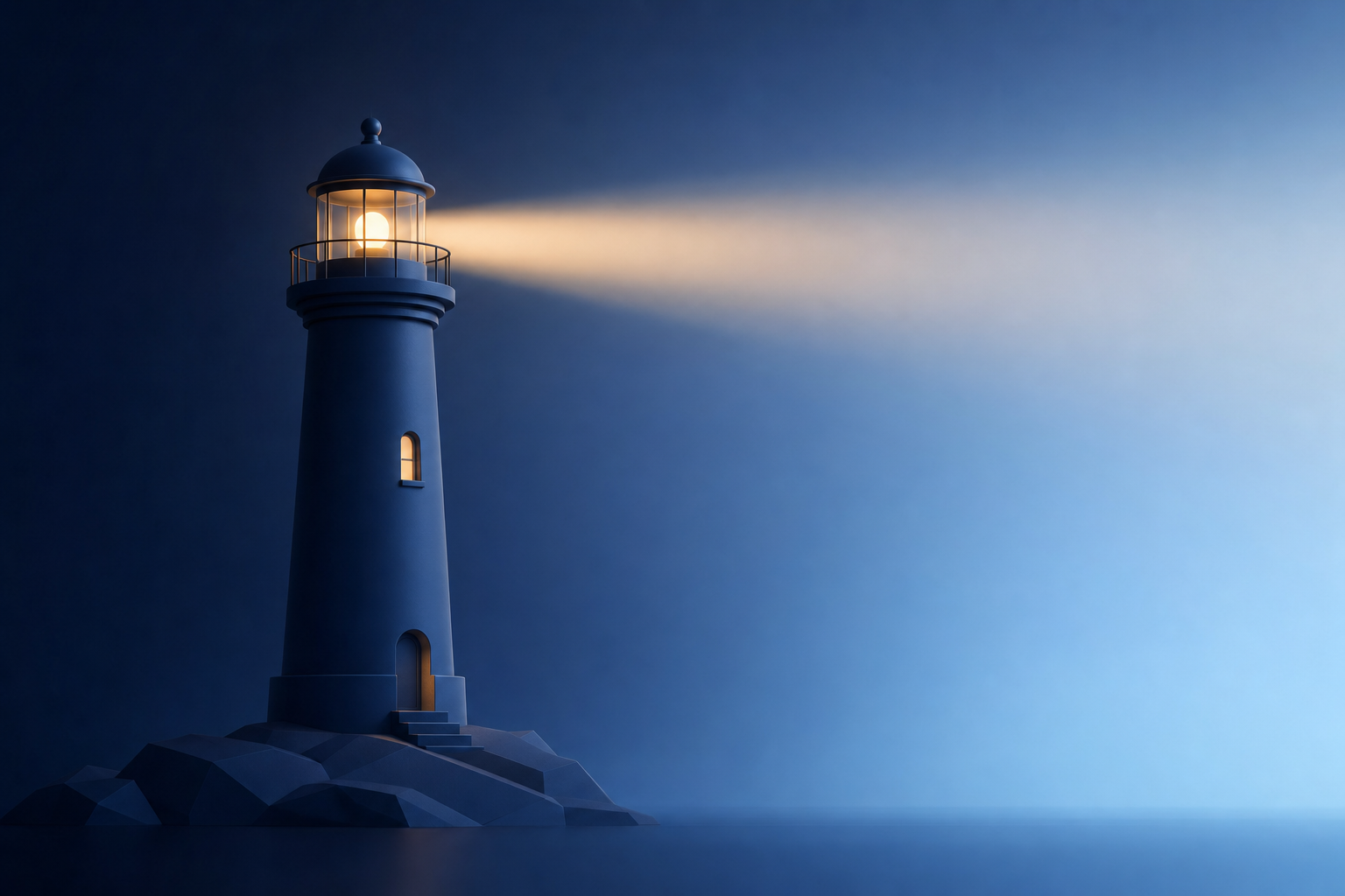A lighthouse casting a warm beam of light across a calm navy sea